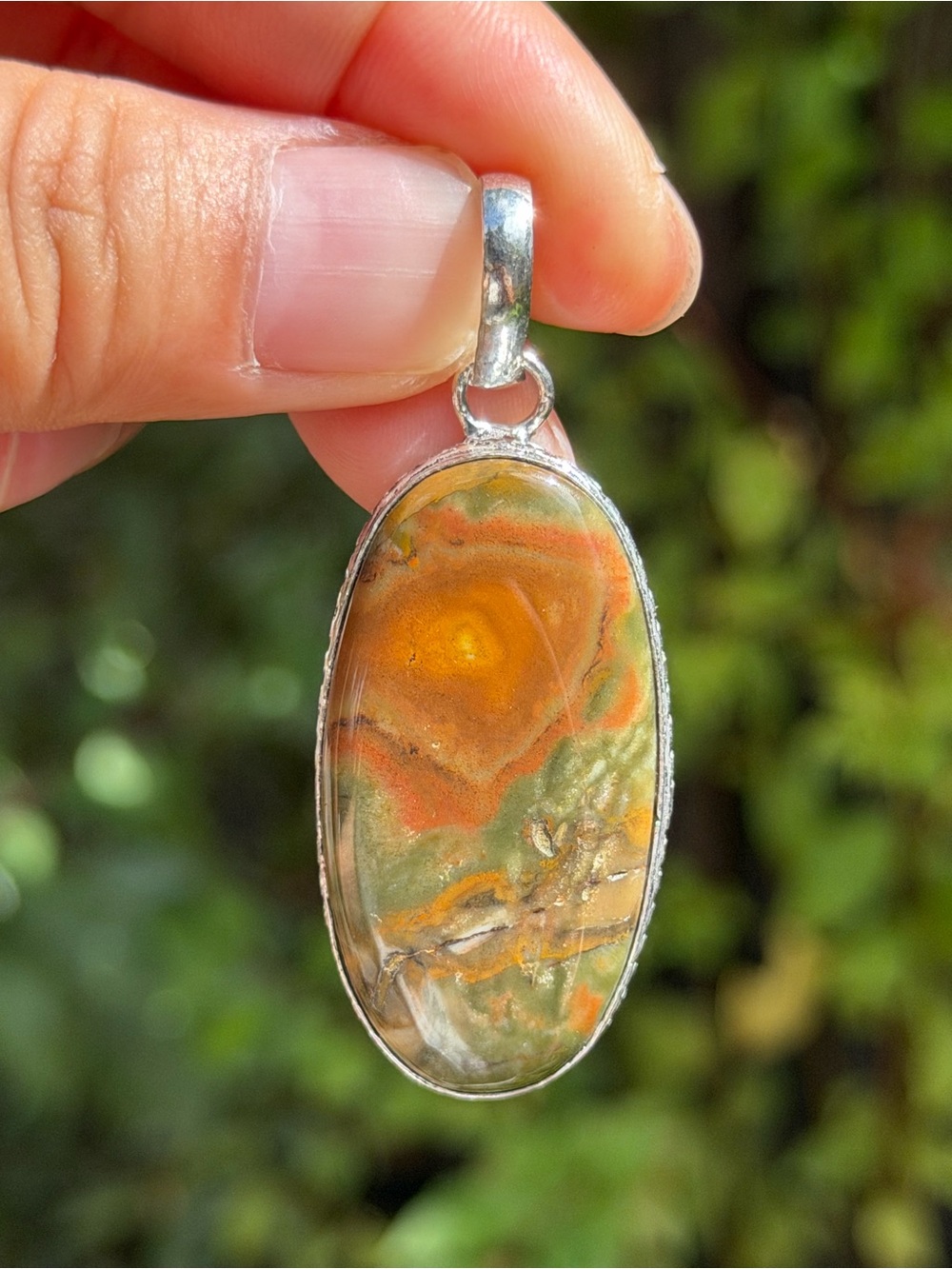 Sterling Silver Ocean Jasper Pendant in Green & Orange Palo